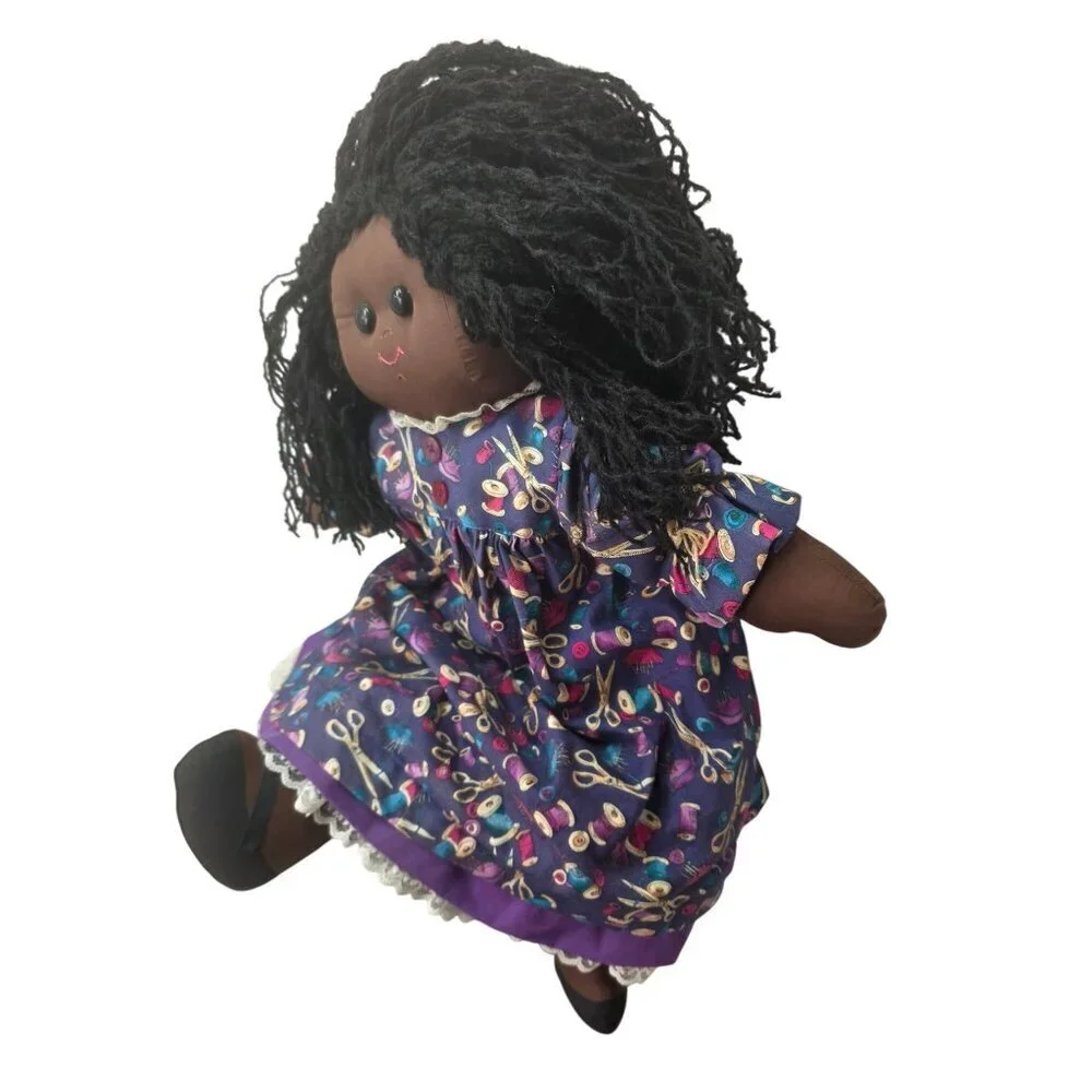 Handmade 90/00s 26″ African American Cloth Rag Doll Yarn Hair Folk Art Vtg Style